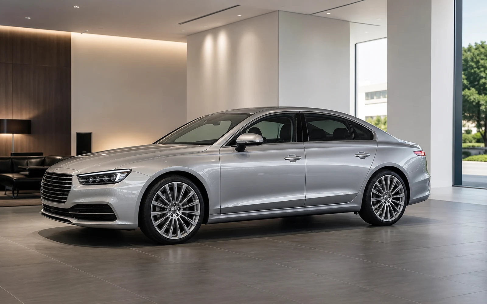 KI-Visualisierung einer eleganten Limousine im Autohaus